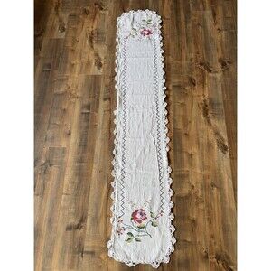 Vintage Cross Stitch Table Runner Floral  Flower Scalloped Cottagecore 70”x12”